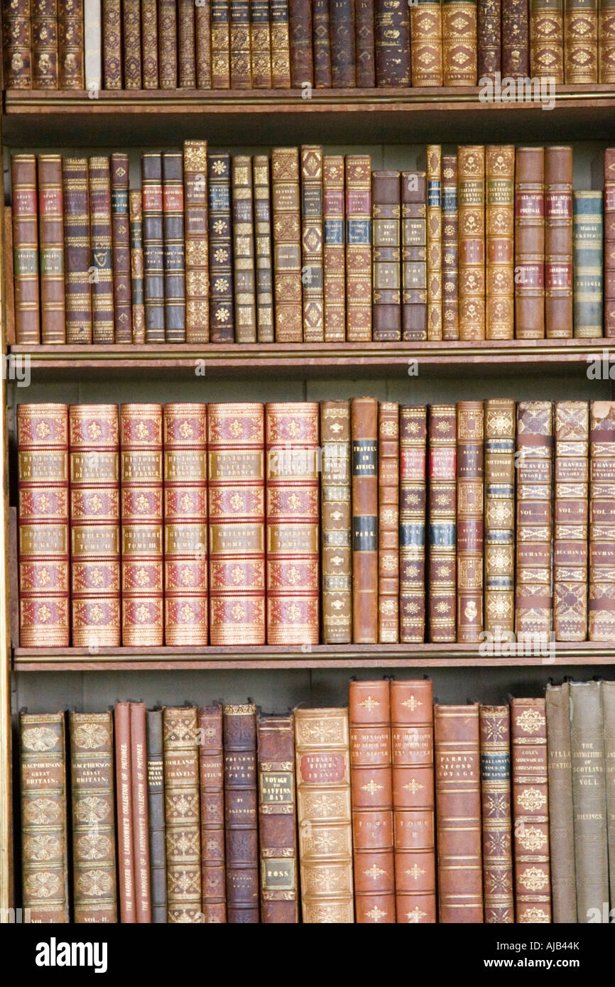 Old leather bound volumes of books in library bookcases Stock Photo Alamy