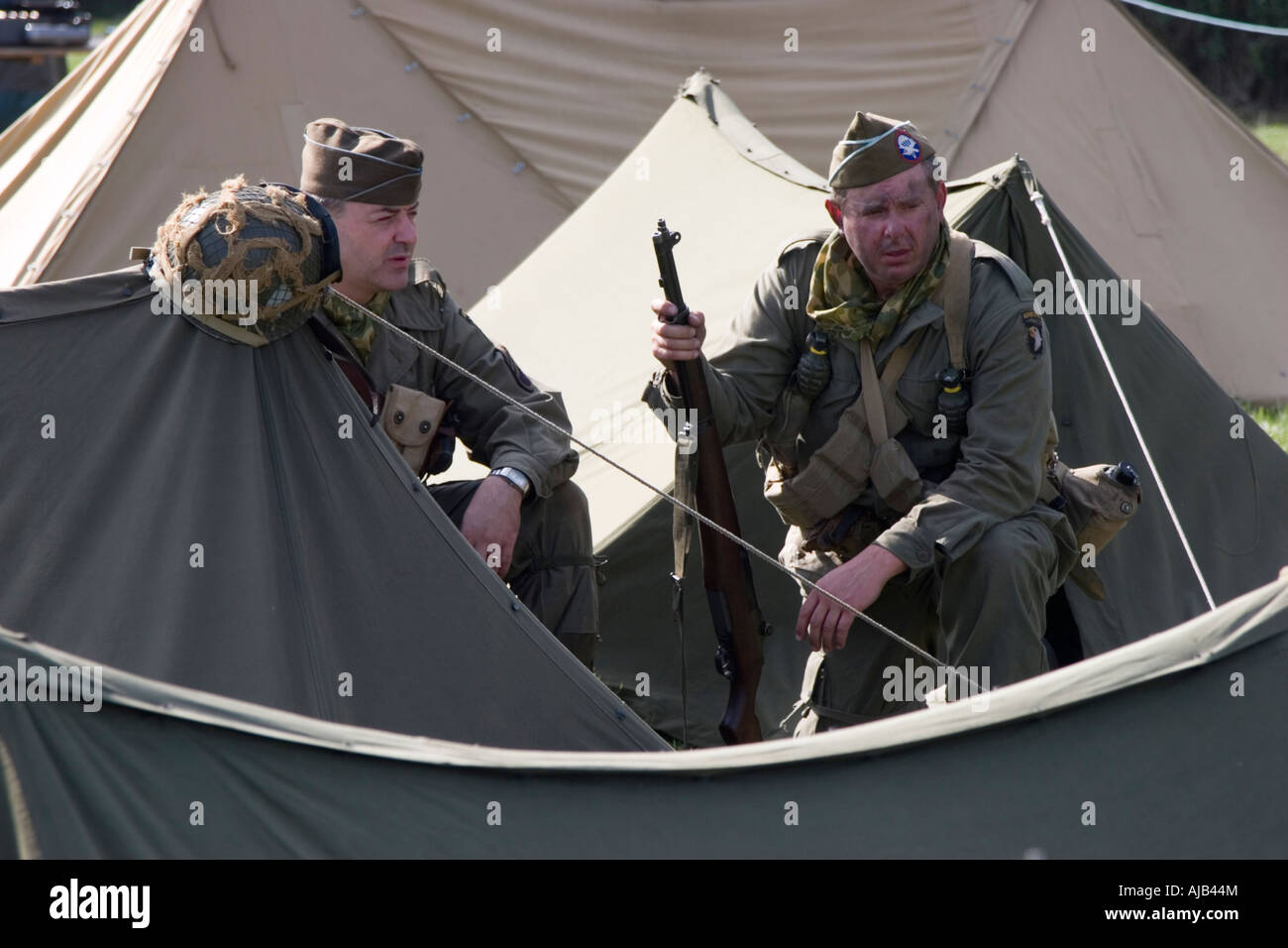 Soldiers camped out in WWII re enactment Stock Photo