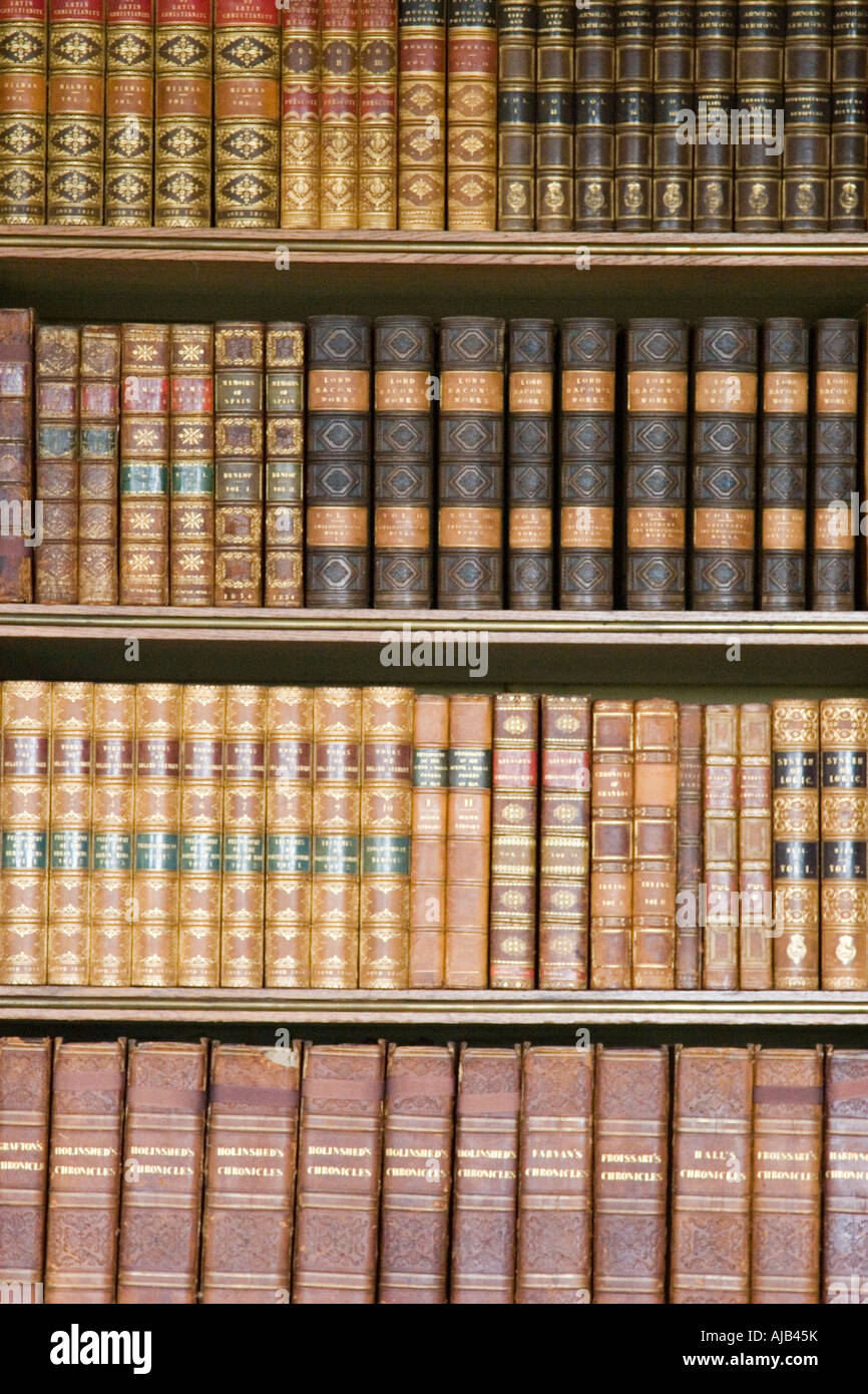 Old leather bound volumes of books in library bookcases Stock Photo