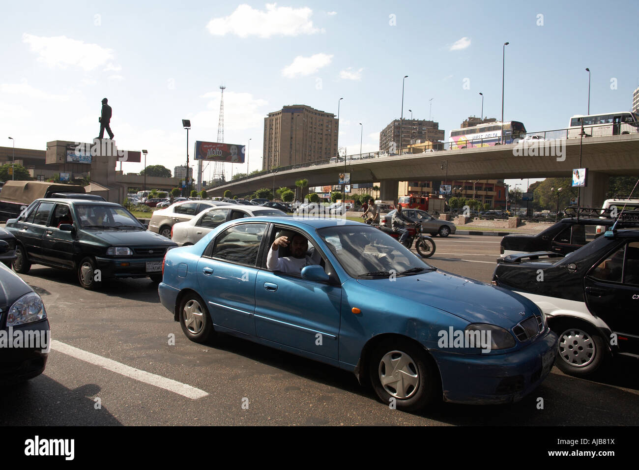 Car and motor traffic on Spinx square Cairo Egypt Africa Stock Photo