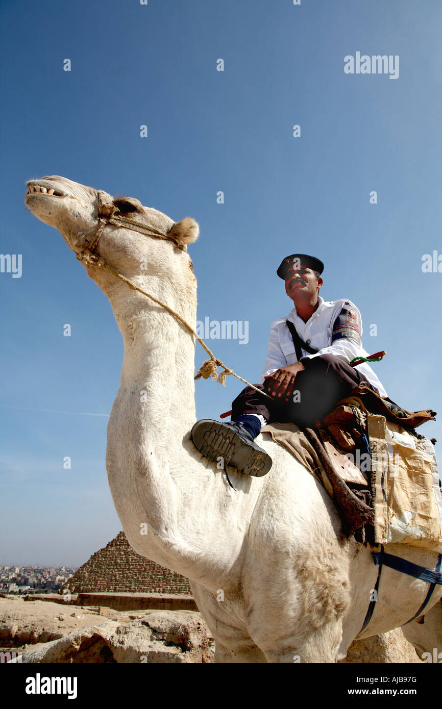 Egyptian tourist police policeman sitting on a camel guarding pyramids complex Giza Cairo Egypt Africa Stock Photo