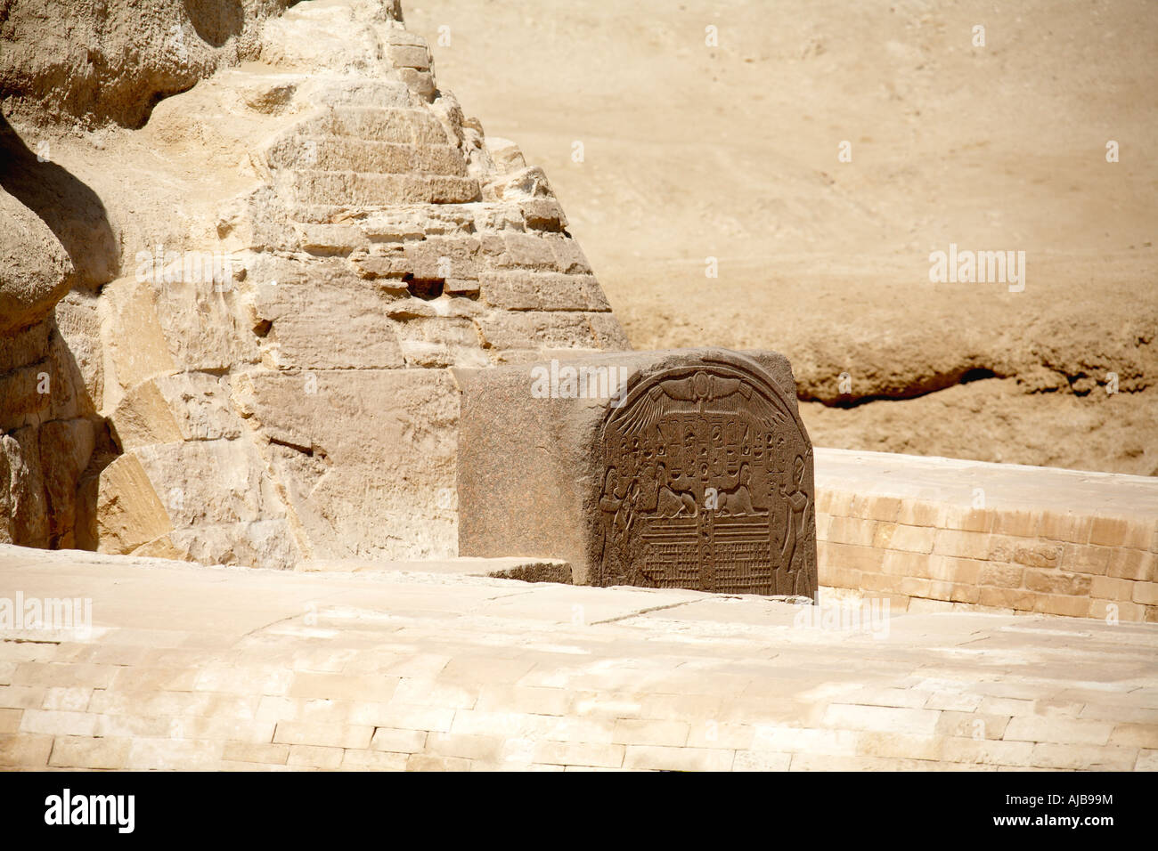 Inscribed tablet below The Sphinx Giza Cairo Egypt Africa Stock Photo