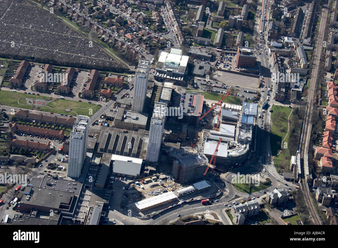 Aerial view south east of suburban housing tower blocks and construction site Haringey London N17 England UK Stock Photo