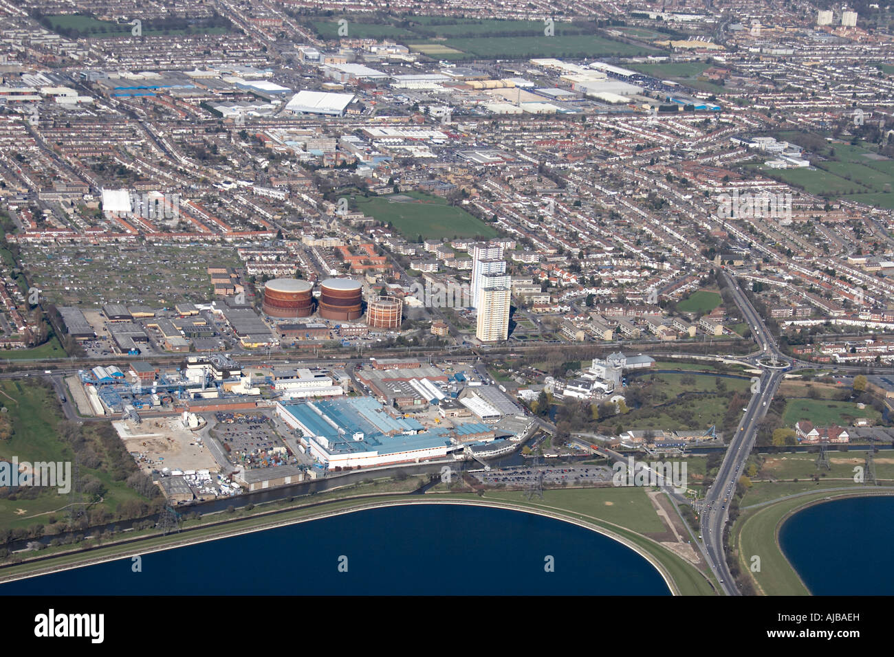 Aerial view north west of Valleylink Wharf Road Riverside Redburn Industrial and Trading Estates suburban housing Ponders End L Stock Photo