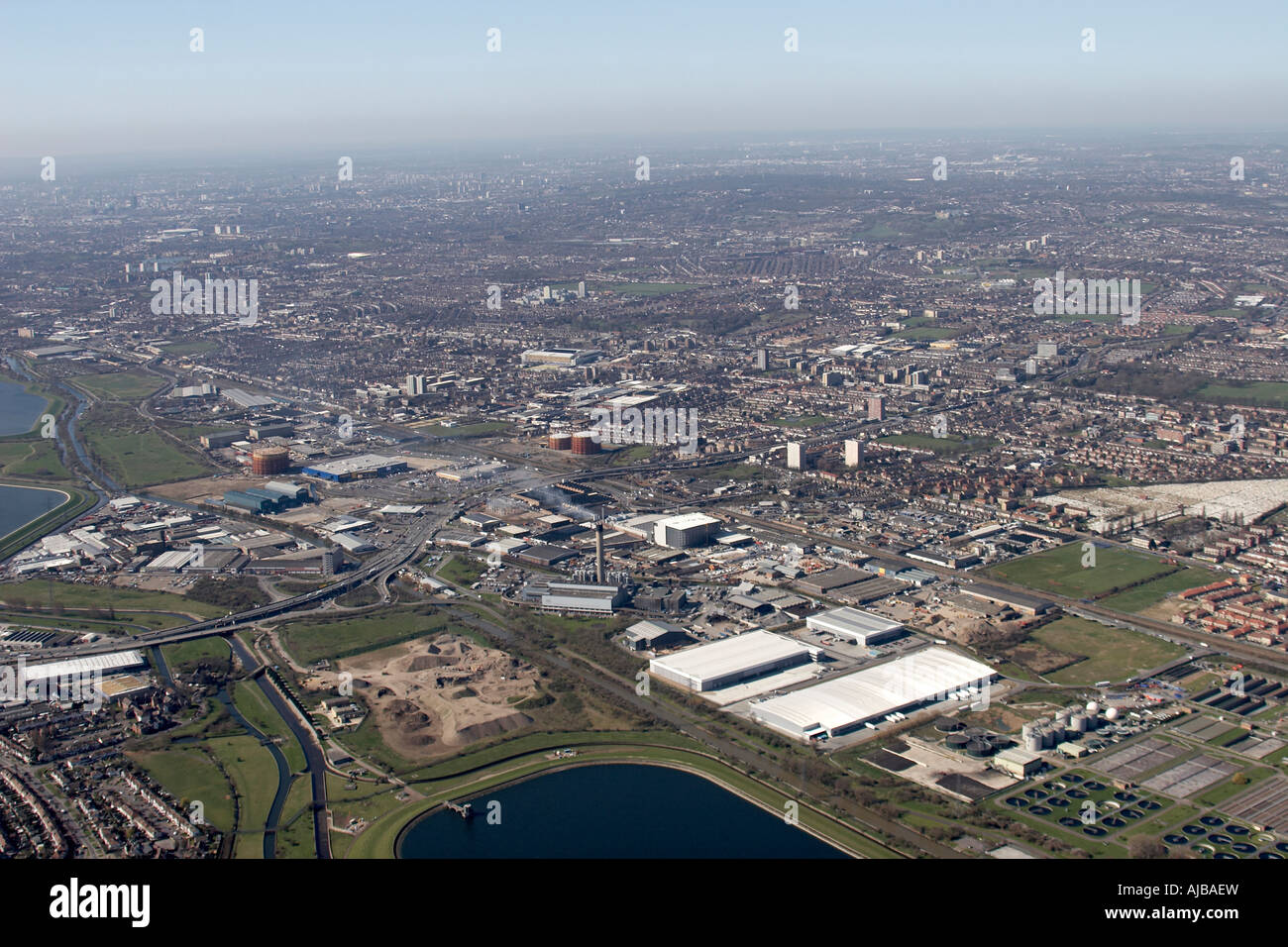 Aerial view south west of Eleys Hastingwood and Lea Valley Trading Estate suburban housing Enfield Haringey London N17 N18 UK Stock Photo