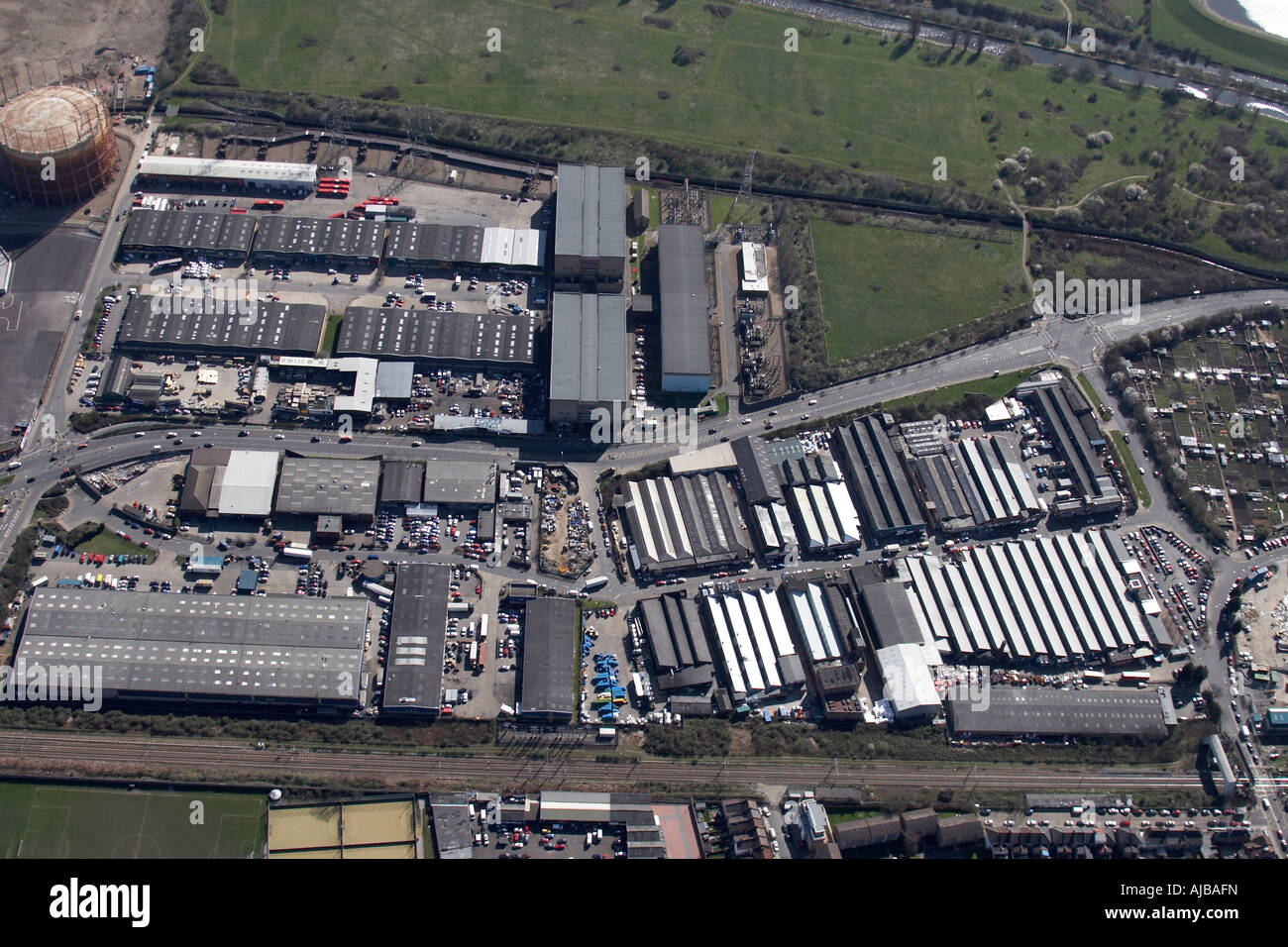 Aerial view south east of Mowlem Trading Estate and Leeside Works Haringey London N17 England UK Stock Photo