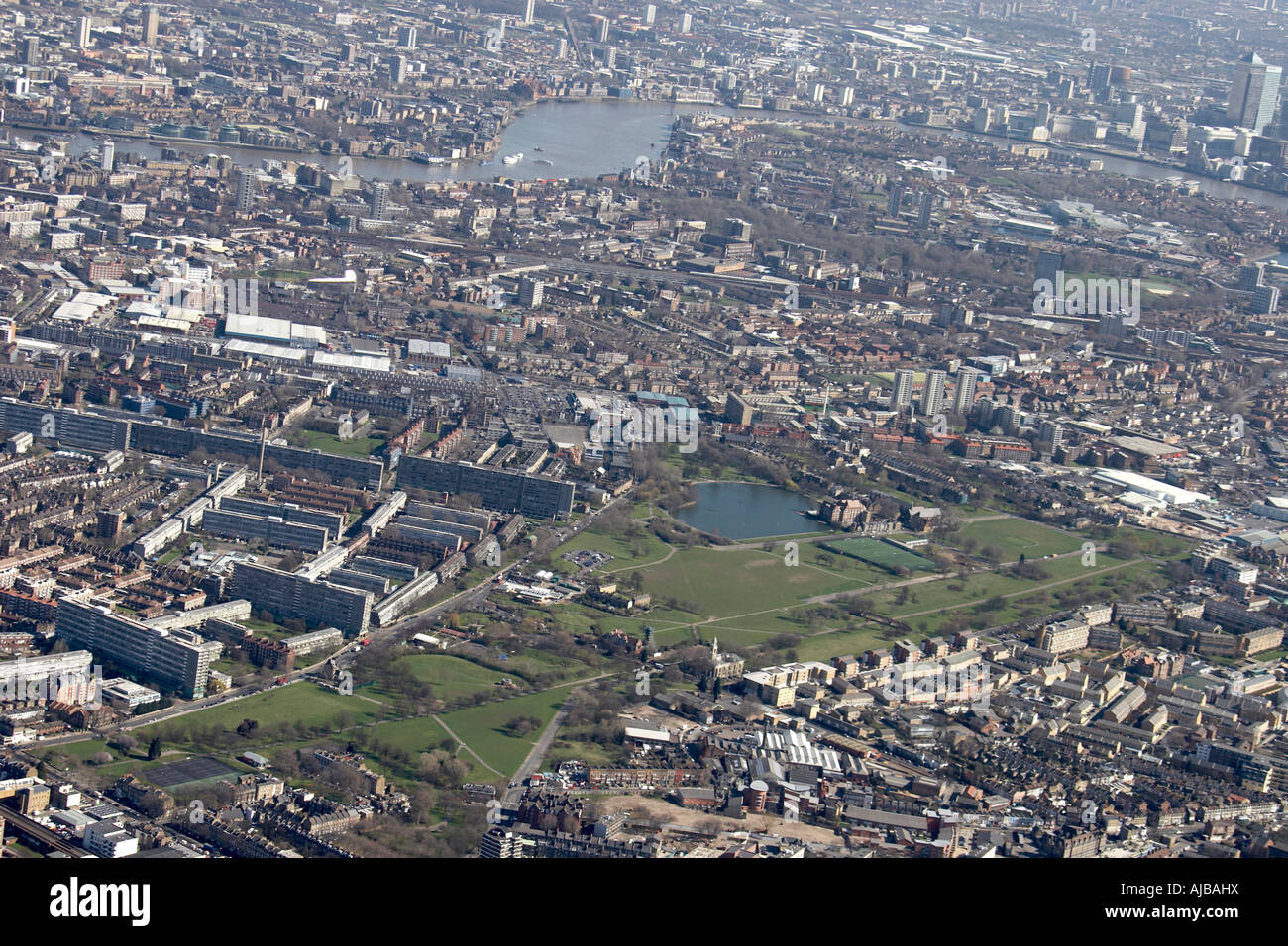 Aerial view north east of Peckham Bermondsey and Rotherhithe London SE15 SE16 and SE17 England UK High level oblique Stock Photo