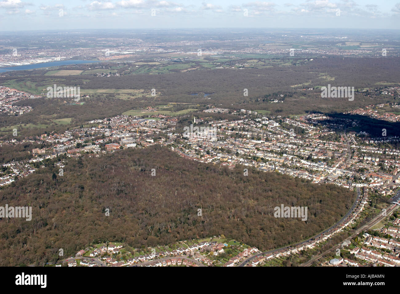 Aerial view north west of Buckhurst Hill Lord s Bushes suburban housing