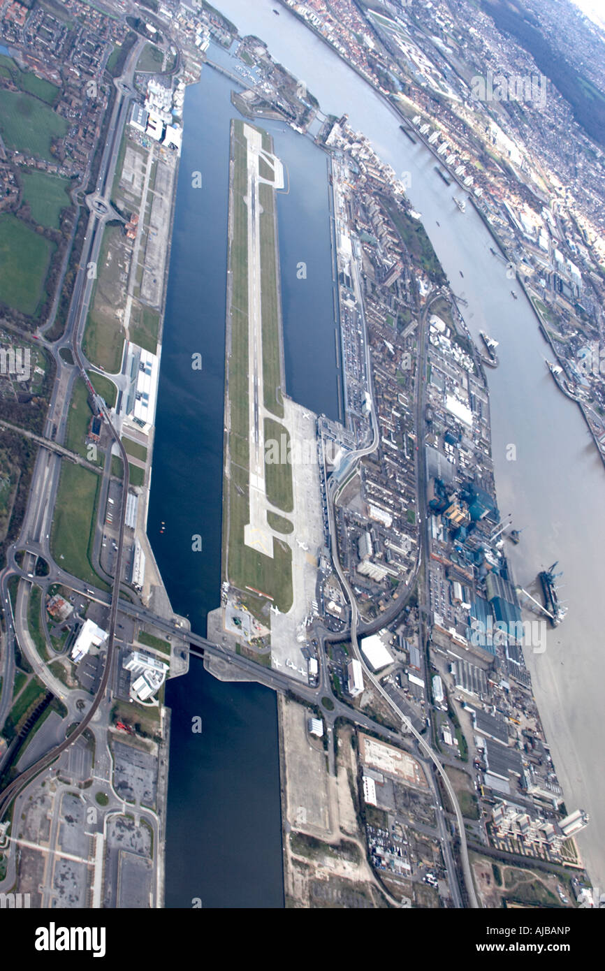 Aerial view north east of London City Airport Royal Albert and King George V Dock Standard Industrial Estate River Thames North Stock Photo