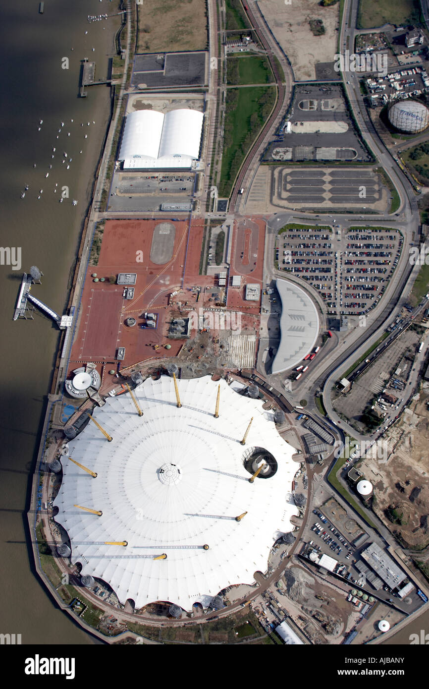 Aerial view south east of Millennium Dome O2 and River Thames North Greenwich London SE10 England UK Stock Photo