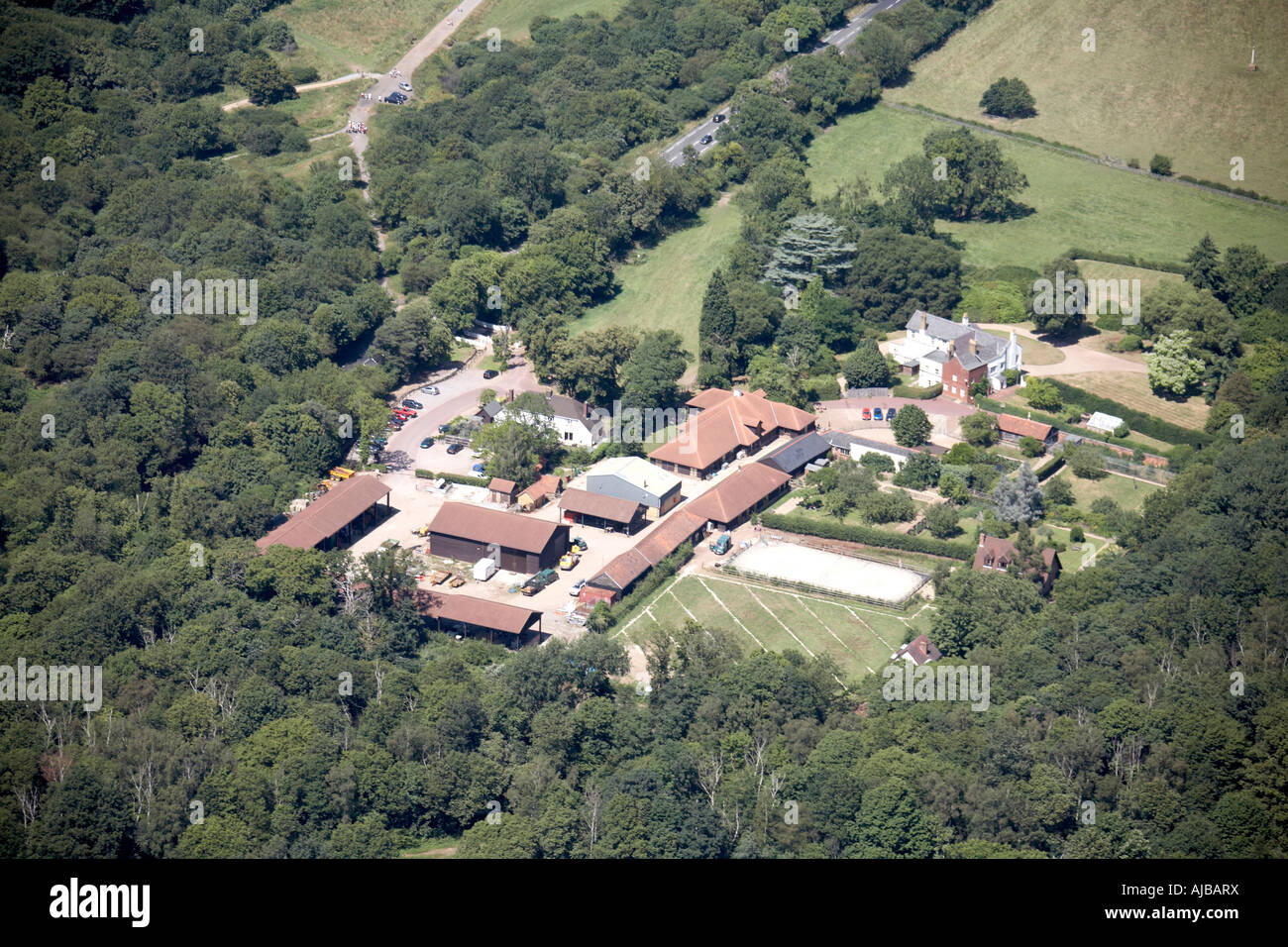 Aerial view north west of country houses adjacent to Epping New Road and Epping Forest Loughton London IG10 England UK High lev Stock Photo