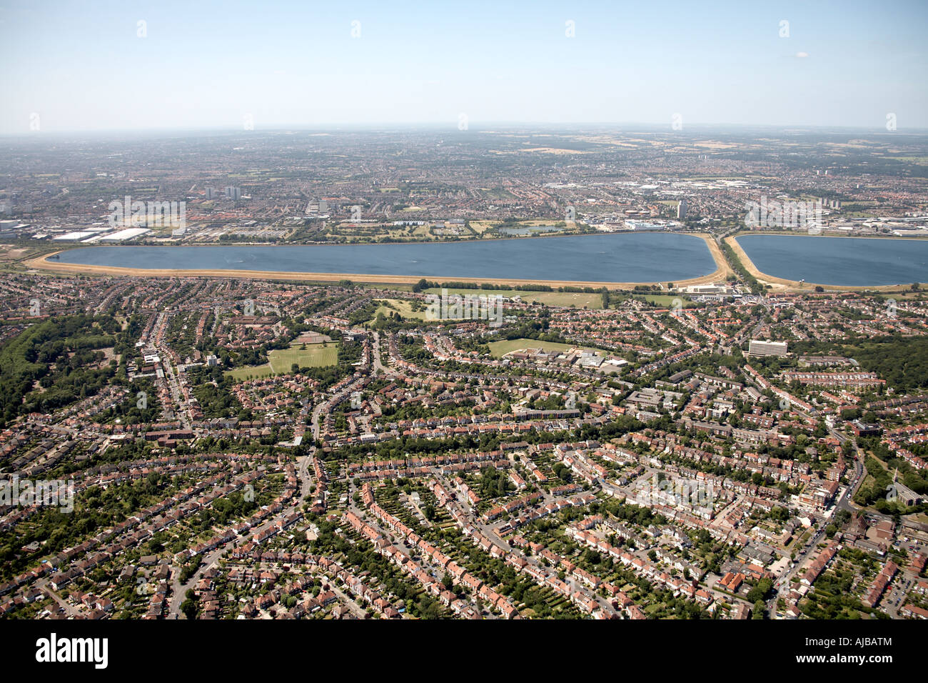 Aerial view north east of Chingford Ponders End William Girling Reservoir Waltham Forest London E4 N9 EN3 England UK High level Stock Photo