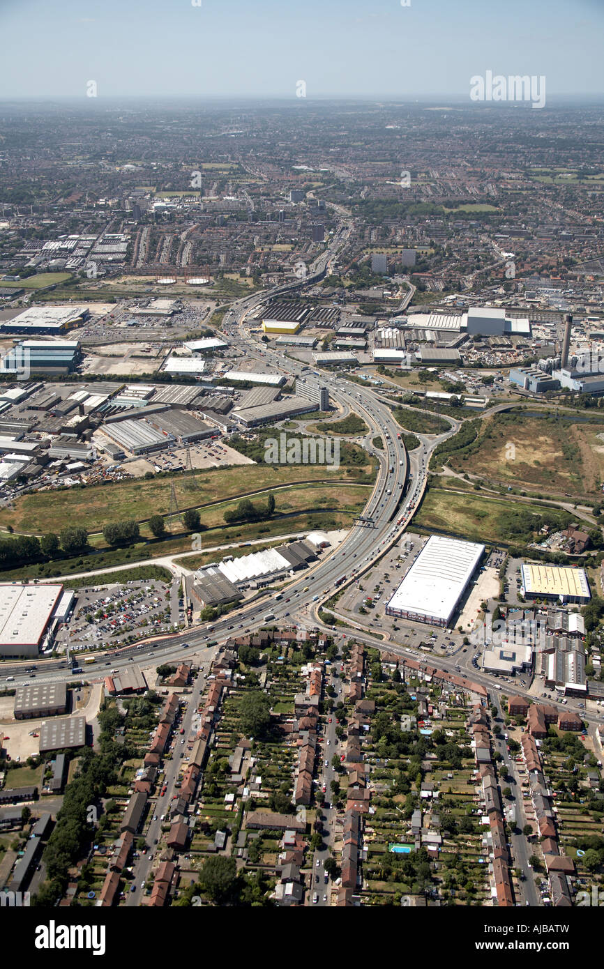 Aerial view east of A406 Lea Valley Trading Est Ikea Tesco superstores Enfield London N18 N13 England UK High level oblique Stock Photo