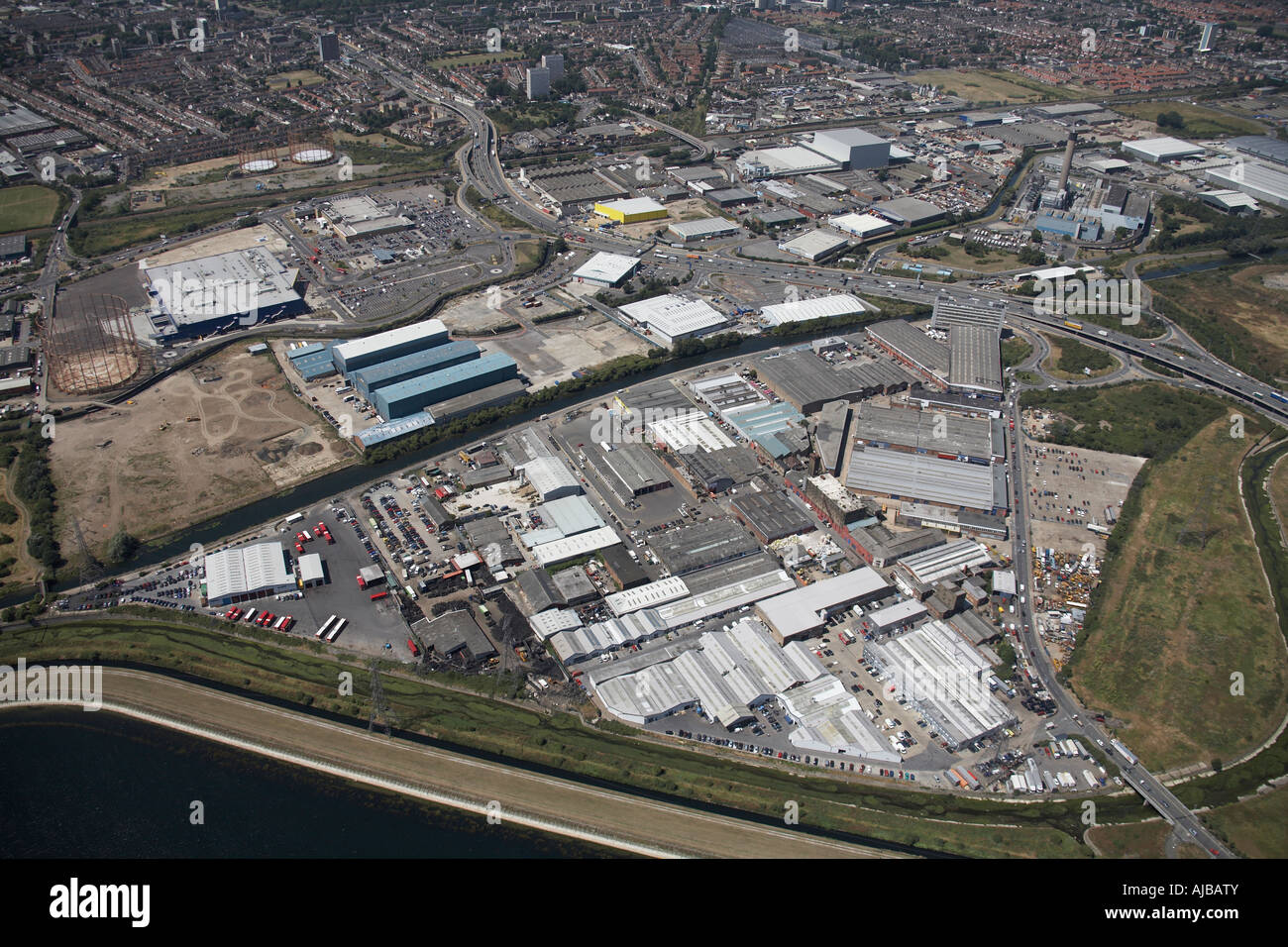 Aerial view east of Lea Valley Trading estate Ikea Edmonton Tesco Superstores Enfield London N18 England UK High level oblique Stock Photo