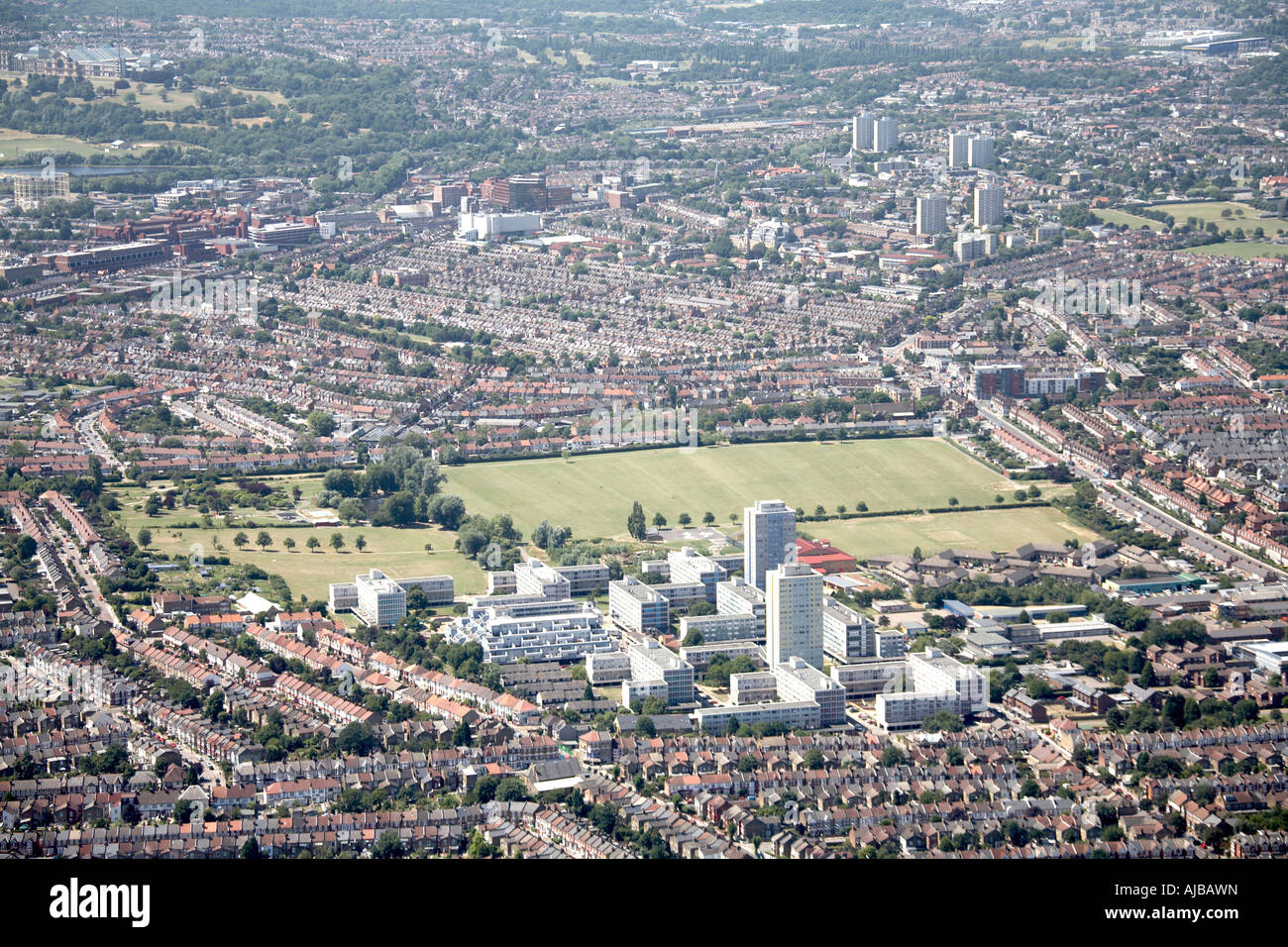 Aerial view west of Lordship Recreation Ground suburban housing and Alexandra Palace Haringey London N17 England UK High level  Stock Photo