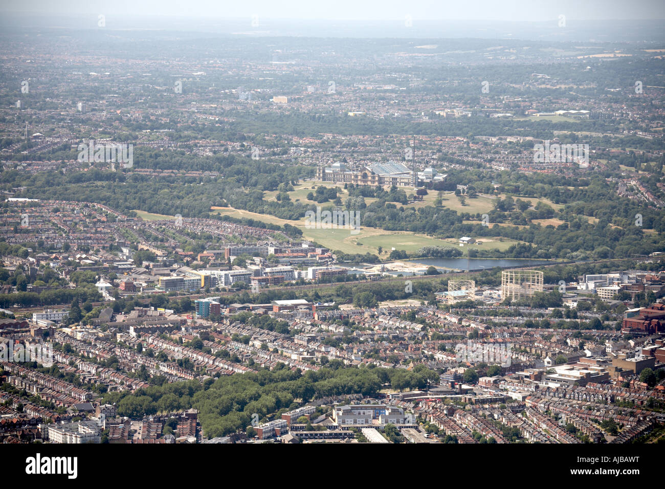 Aerial view south west of Alexandra Palace Alexandra Park and Wood Green Haringey London N22 England UK High level oblique Stock Photo
