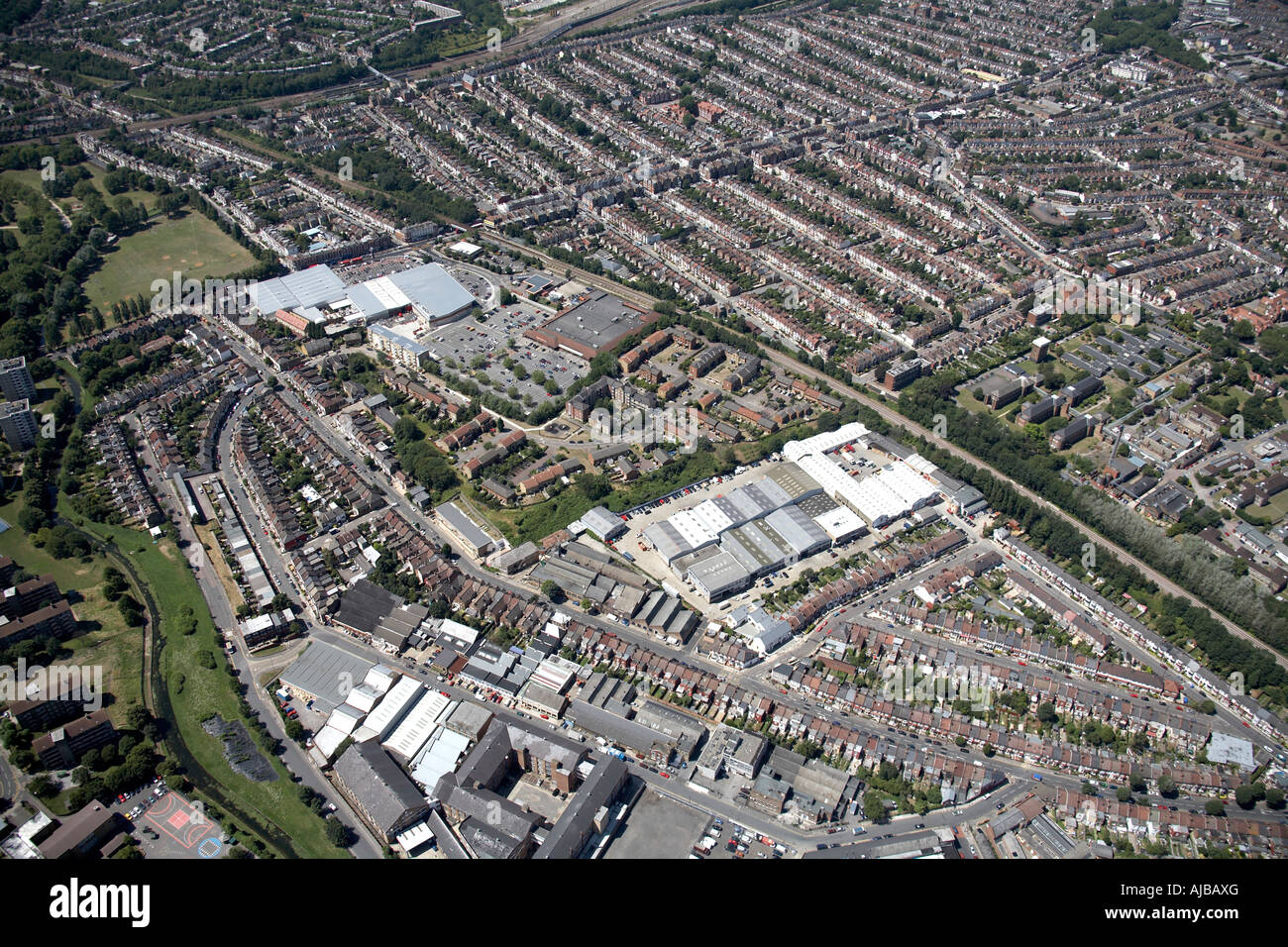 Aerial view north west of Arena Business Centre Haringey Green Lanes Railway Station London N4 England UK High level oblique Stock Photo