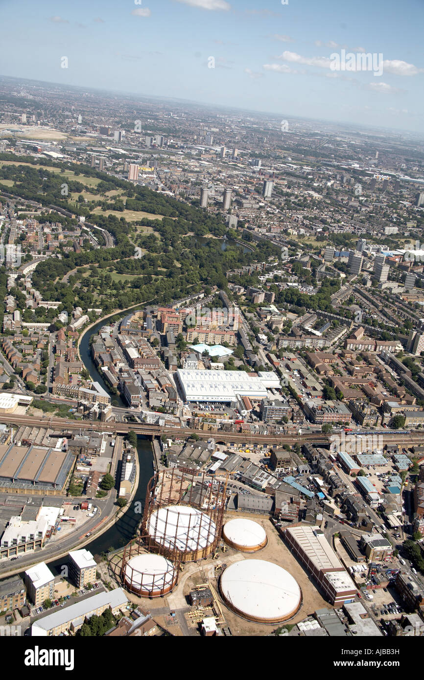 Aerial view east of Victoria Park Hertford Union Canal Tower Hamlets London E2 E3 E9 England UK High level oblique Stock Photo