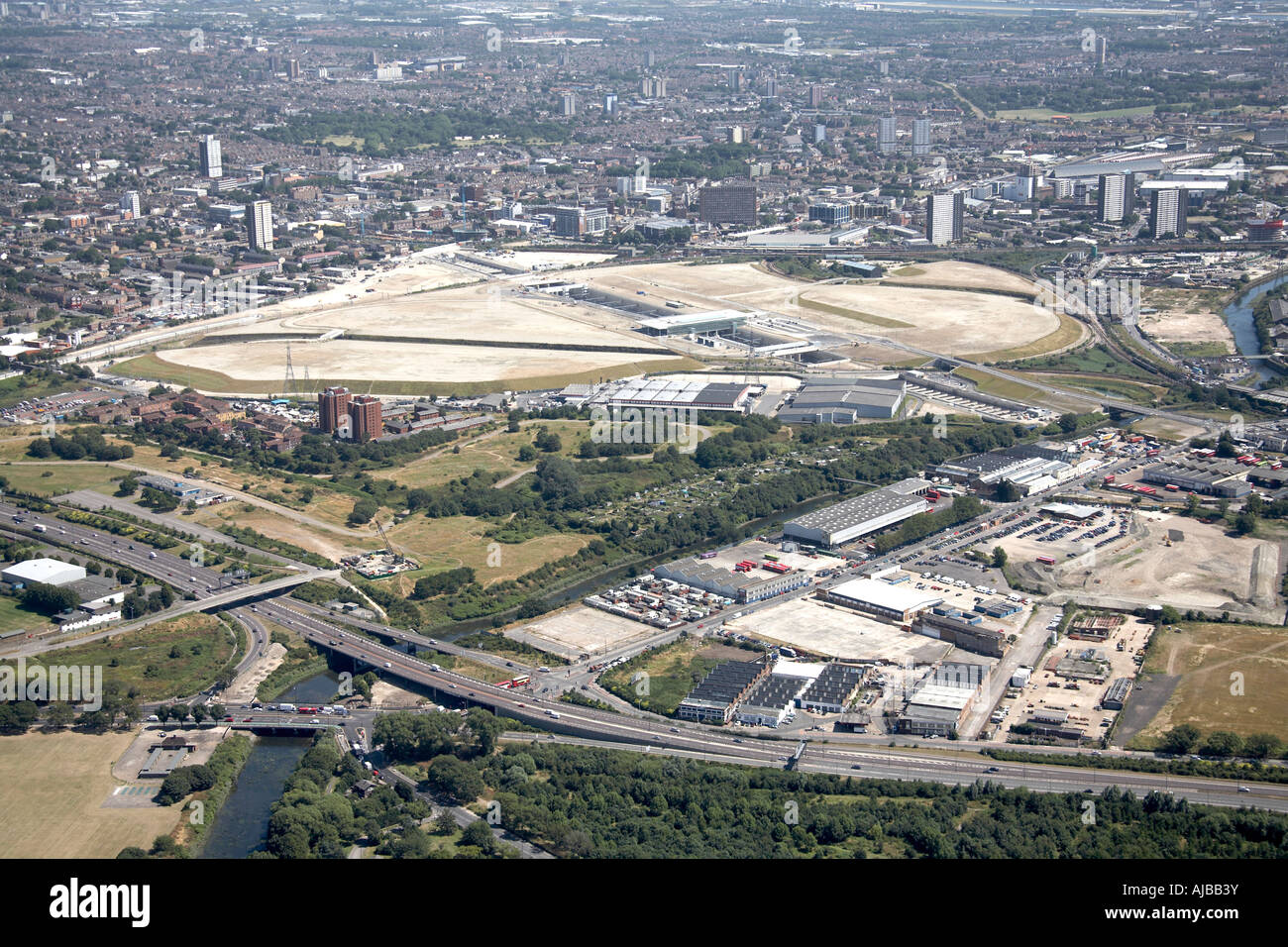 Aerial view south ea st of Stratford Channel Tunnel link site Lea Interchange A102 M and A106 Stratford London E15 England UK H Stock Photo