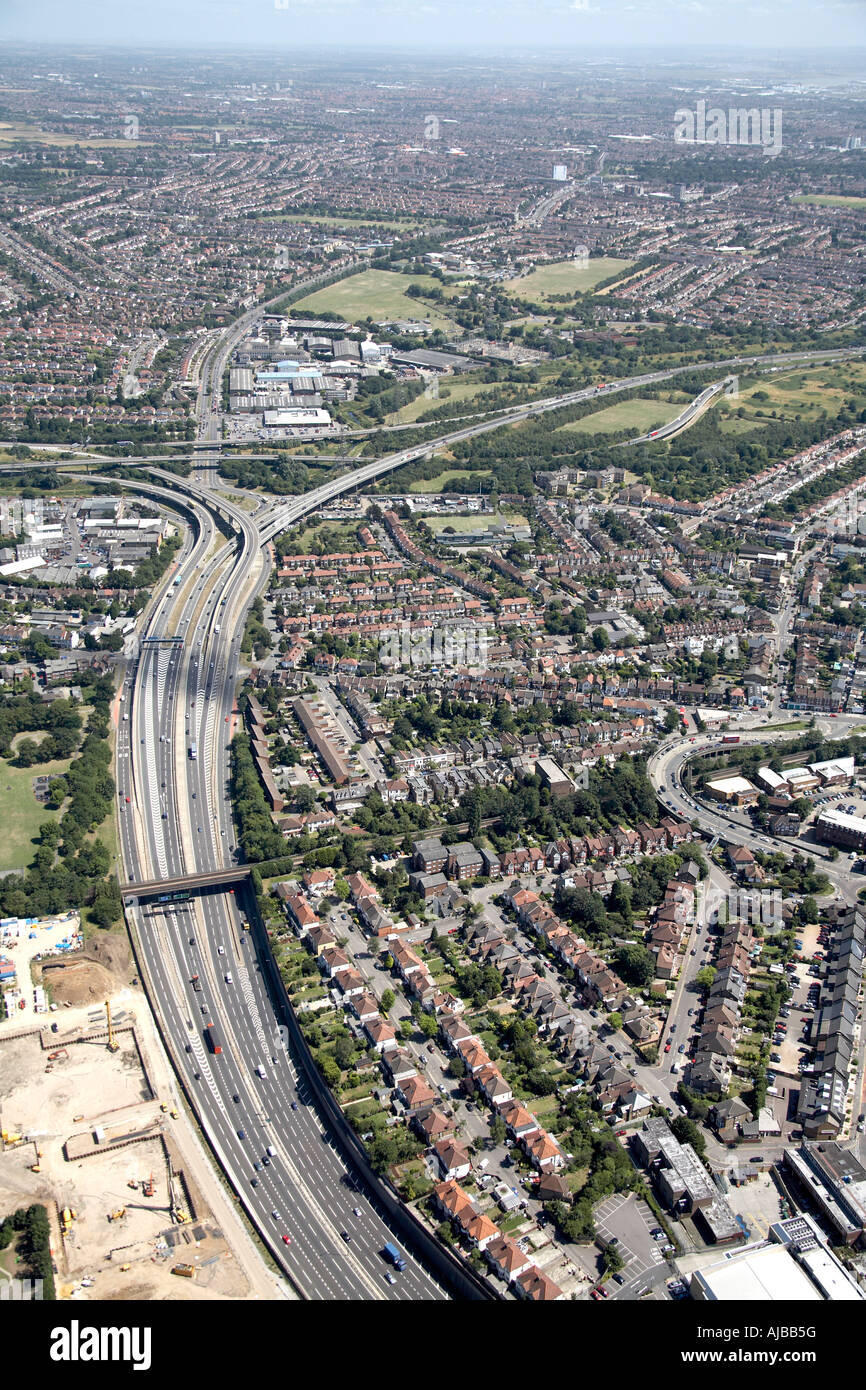 Aerial view east of Charlie Brown s roundabout A406 M11 Woodford Trading Estate Orbital Centre Redbridge London E18 England UK  Stock Photo