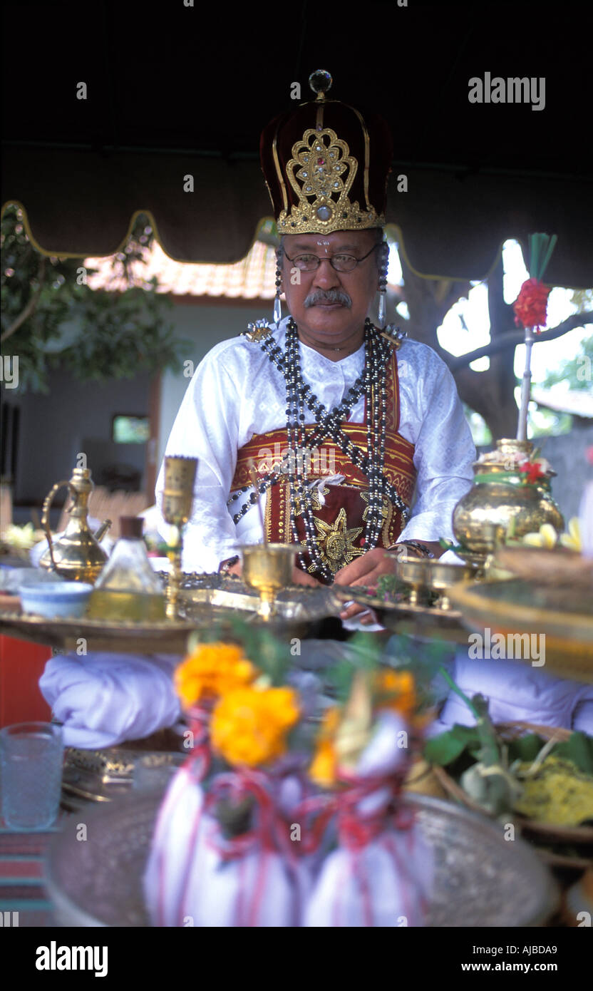 Hindu priest at House blessing ceremony Renon Denpasar Bali Indonesia Stock Photo