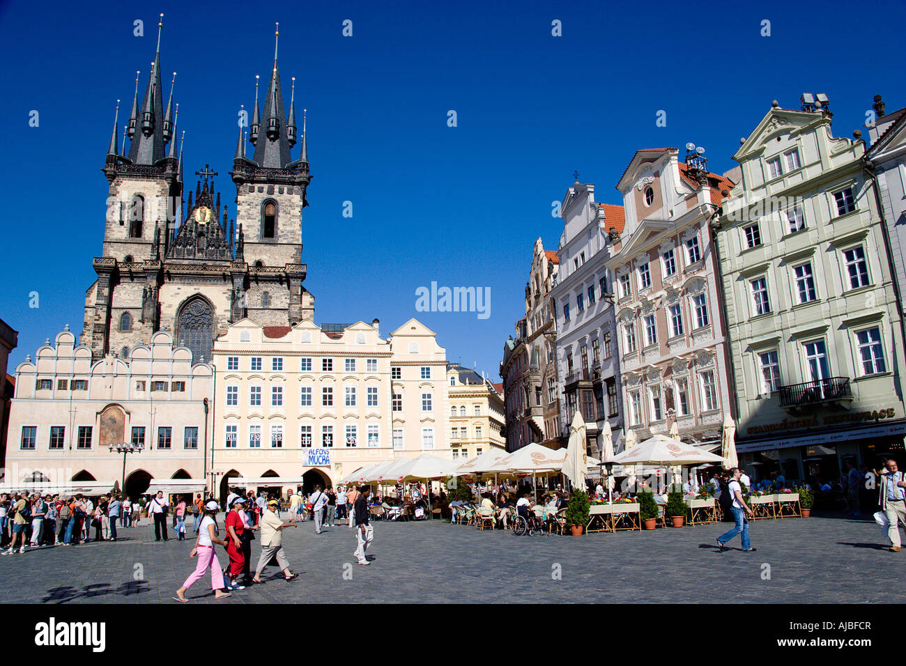 Czech Republic Czechia Bohemia Prague Old Town Square Front Of The Church Of Our Lady Before Tyn With Pedestrians Walking Across Stock Photo