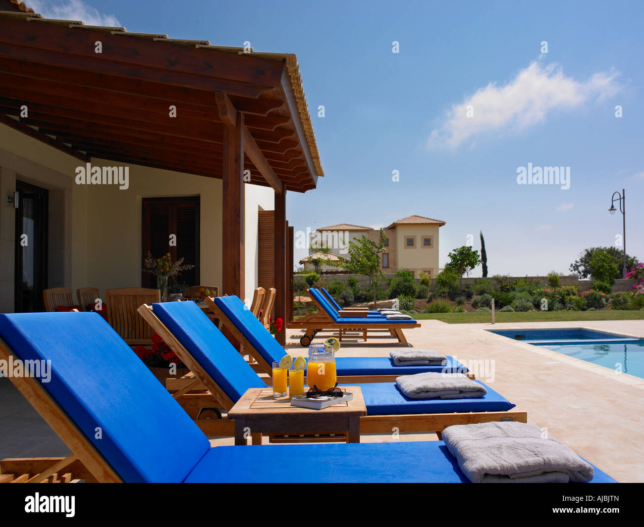 Looking over the swimming pool in Cyprus Stock Photo Alamy