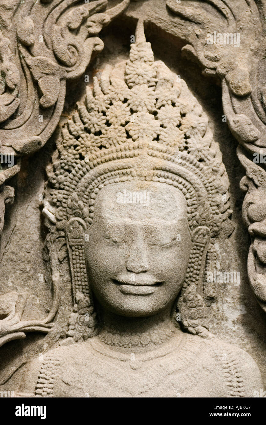 Cambodia The Bayon Stone Carved Bas Relief Angkor Thom Near Angkor Wat Siem Reap Stock Photo