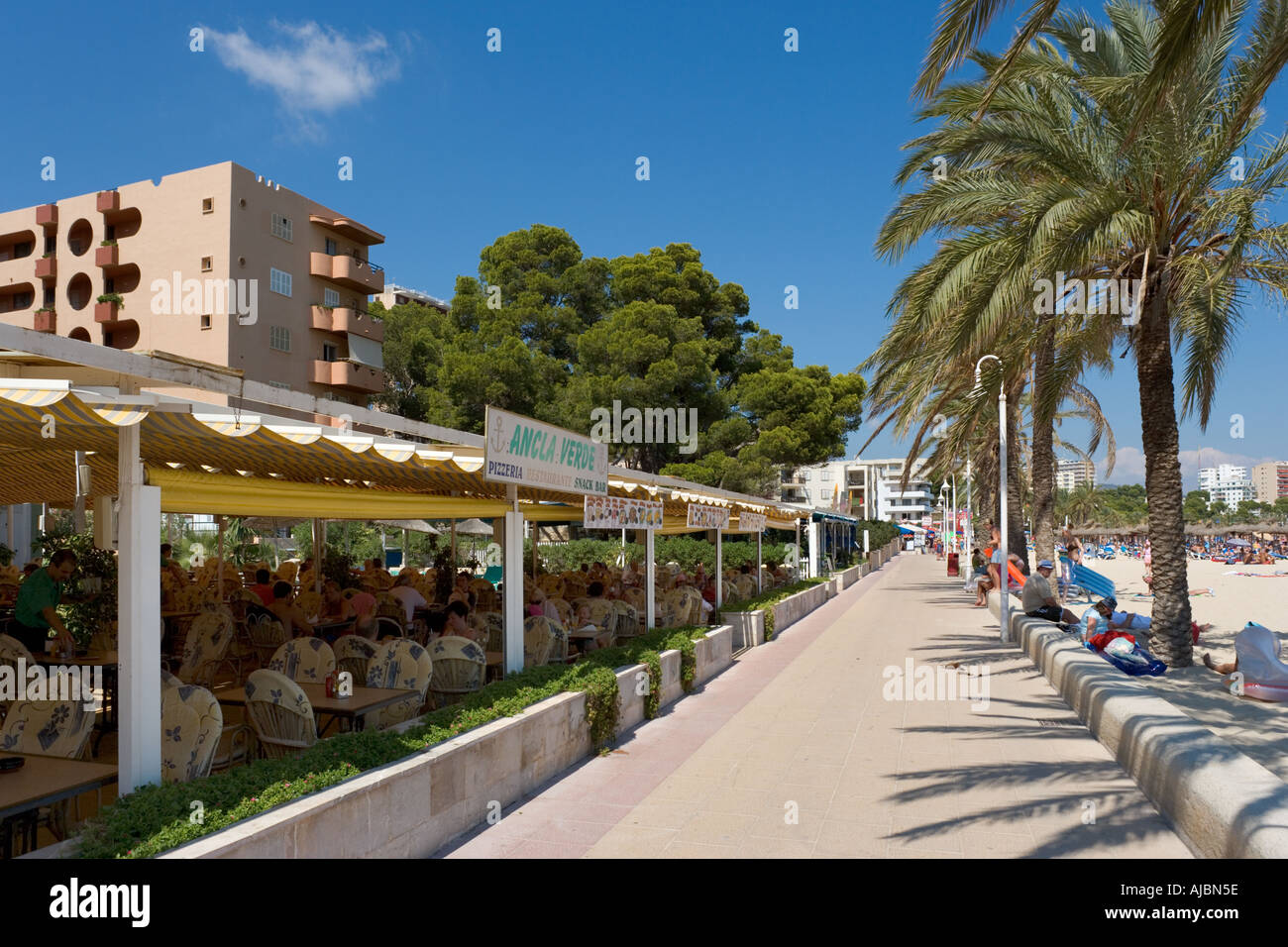 Beachfront Restaurant, Magaluf, Bay of Palma, Mallorca, Balearic Stock