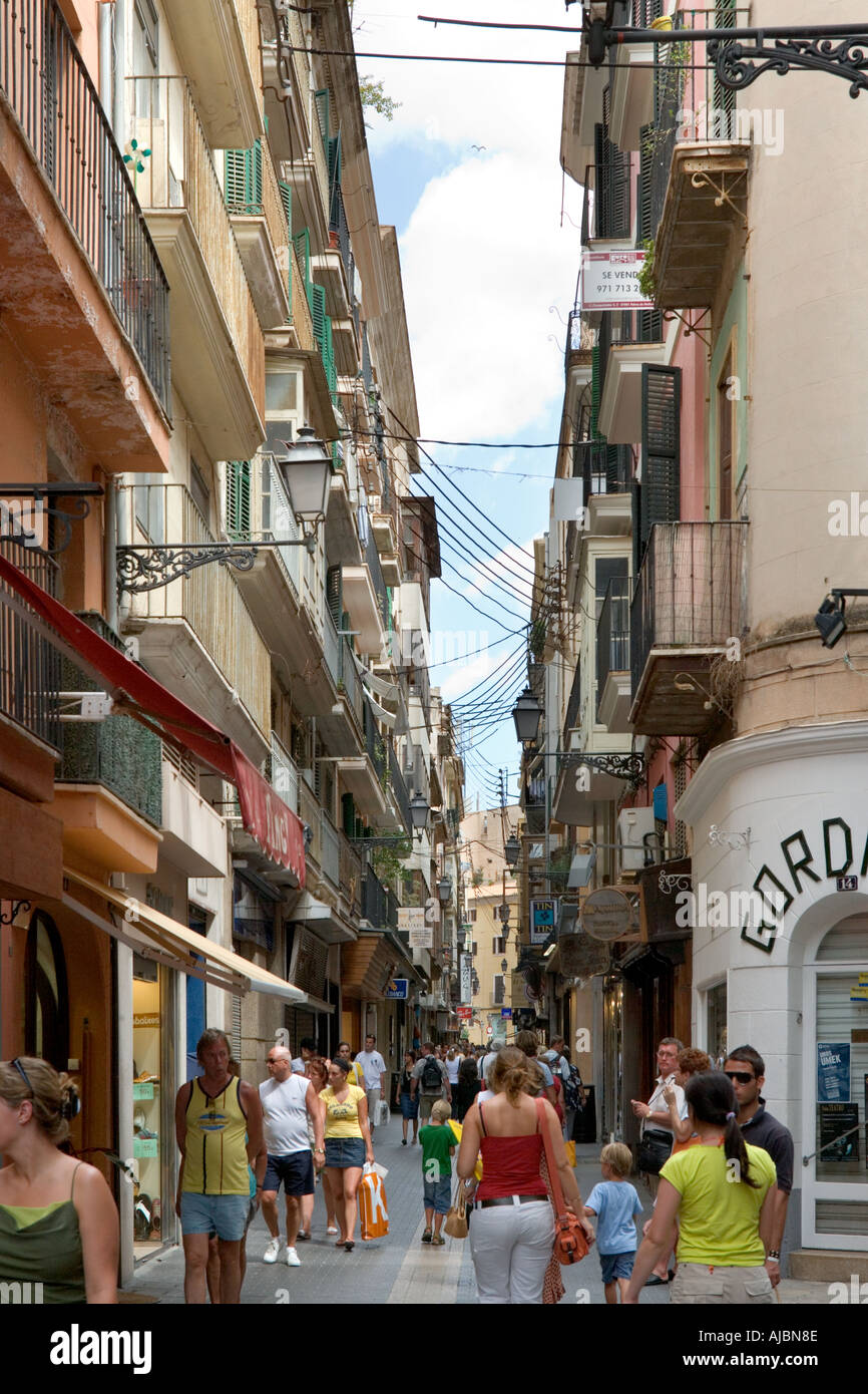 Shops on a street in the historic city centre, Palma, Mallorca, Spain