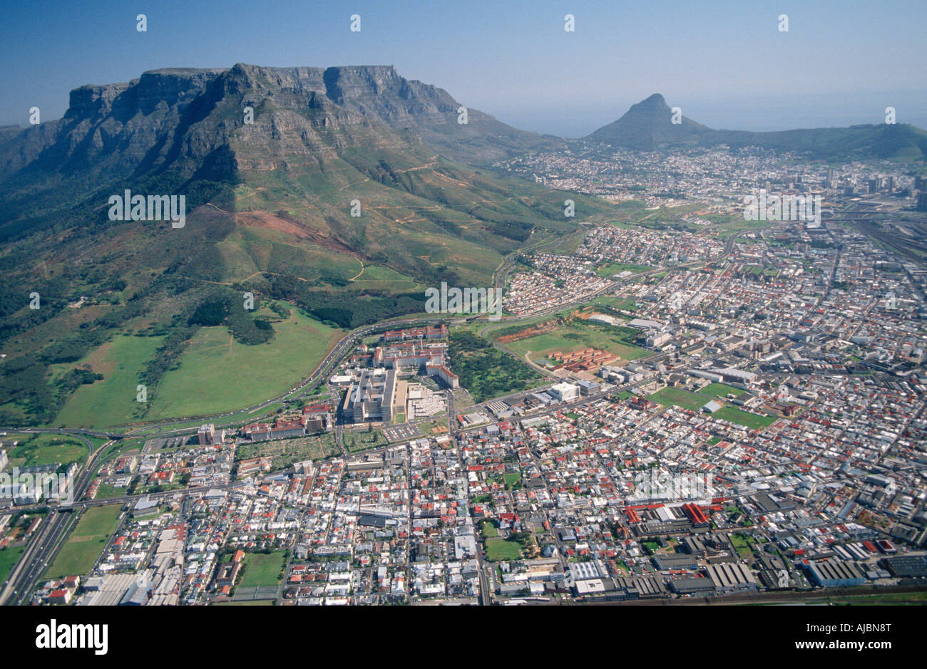 Aerial View of Cape Town's CBD with Lion Head Mountain in Background Stock Photo