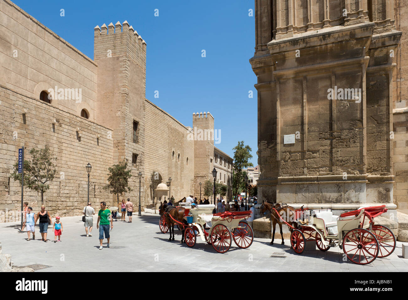 Horsedrawn carriages outside the Cathedral and Palau de l'Almudaina (Royal Palace), Historic City Centre, Palma, Mallorca, Spain Stock Photo
