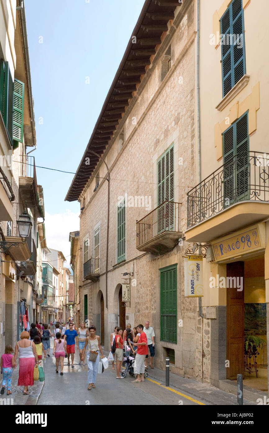 Shopping street in the town centre, Carrer de sa Luna, Old Town of Soller, West Coast, Mallorca, Spain Stock Photo
