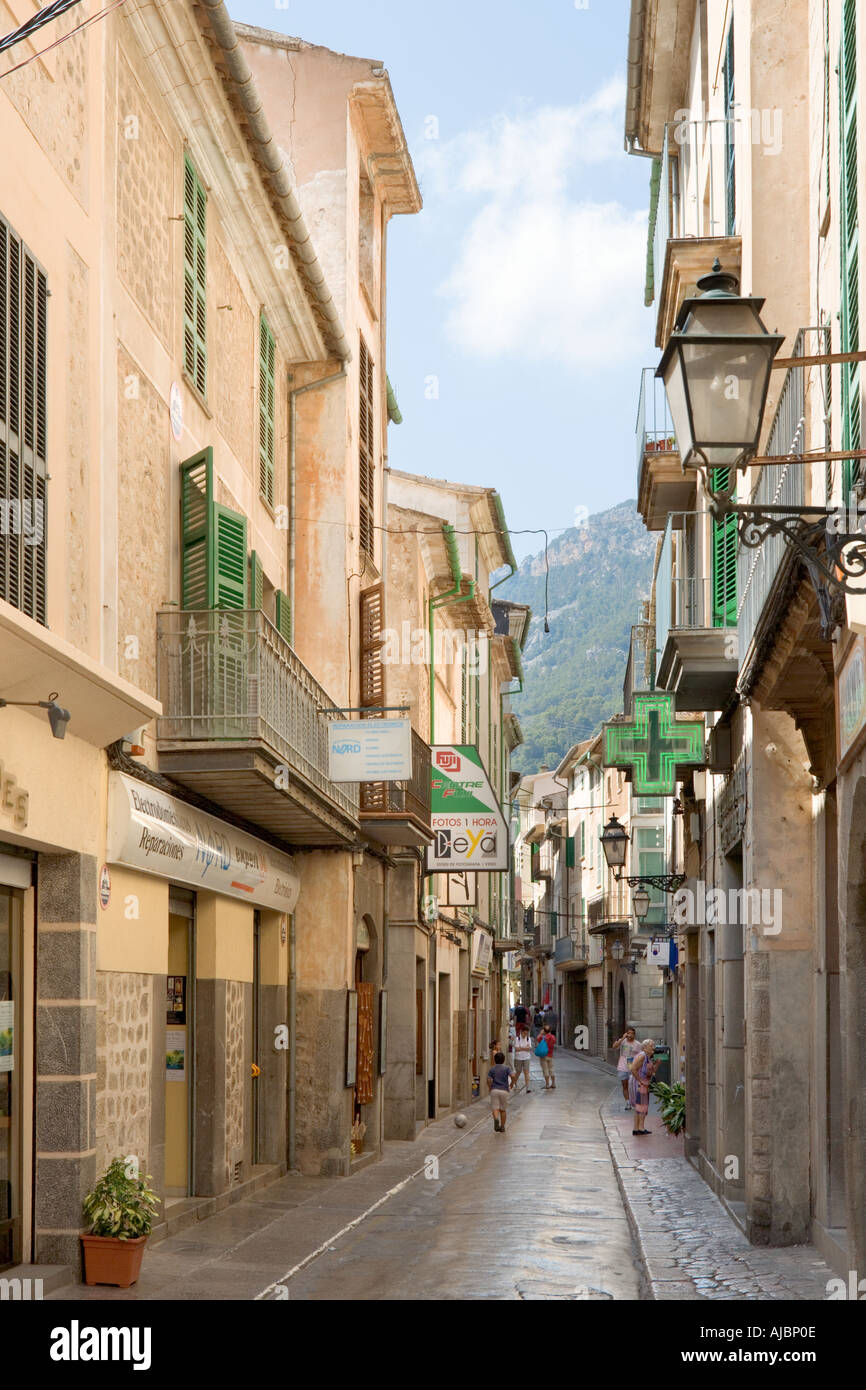 Shopping street in the town centre, Carrer de sa Luna, Old Town of Soller, West Coast, Mallorca, Spain Stock Photo
