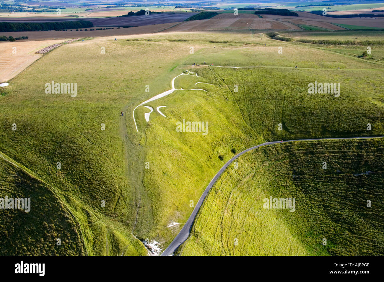 The ancient White Horse chalk figure at Uffington Oxfordshire England from the air JMH1711 Stock