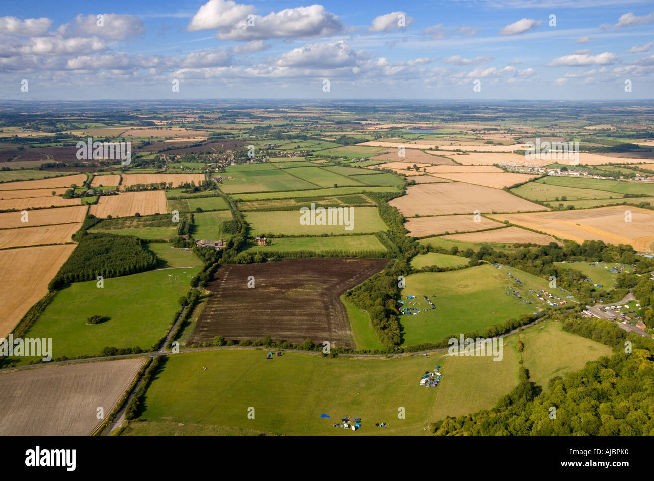 The Vale of the White Horse from above the White Horse chalk figure at Uffington Oxfordshire England from the air JMH1715 Stock Photo