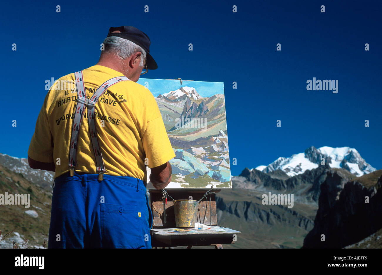 landscapist in alpine scenery, painting Mont Blanc, France, Savoie Stock Photo