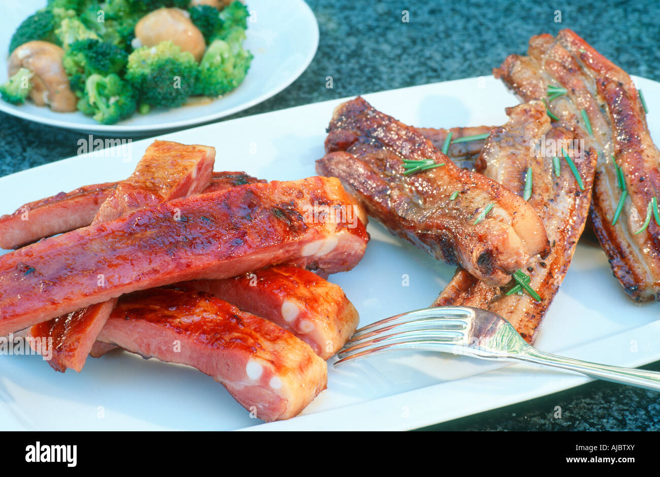 Pork Rashers with Garlic Rosemary Baste;BBQ Spare Ribs and Broccoli