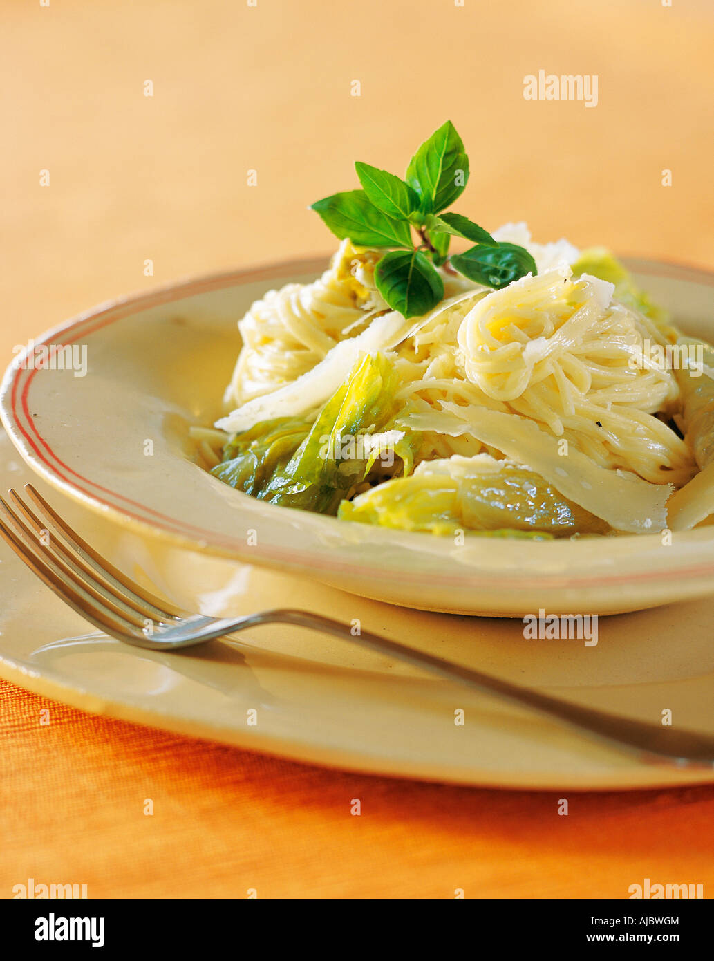 Angel Hair Pasta with Lettuce and Basil Cream Sauce Stock Photo