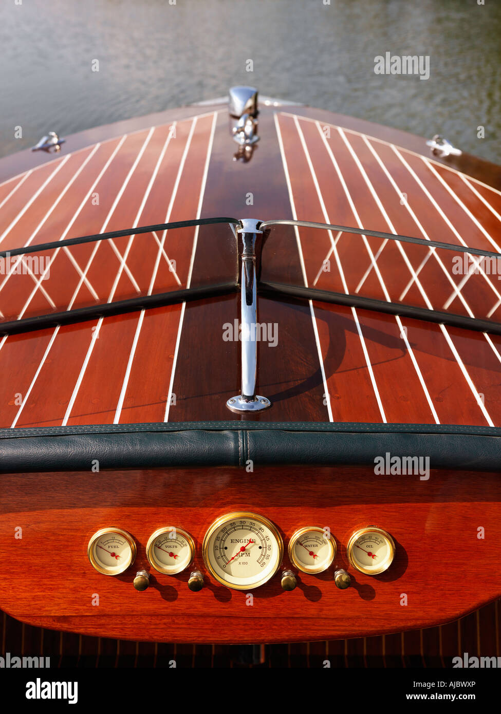 Detail of wooden boat dashboard and windshield Stock Photo