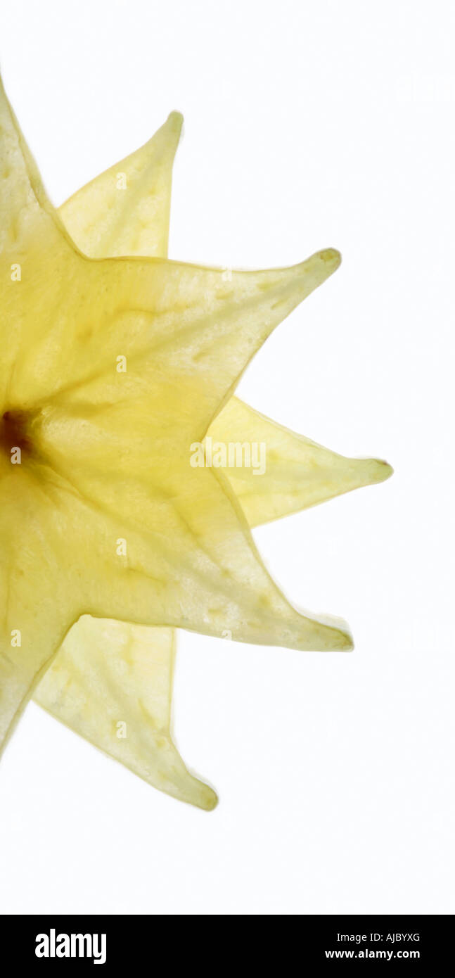 Close-up of a Star Fruit (Averrhoa Carambola) Against a White Background Stock Photo