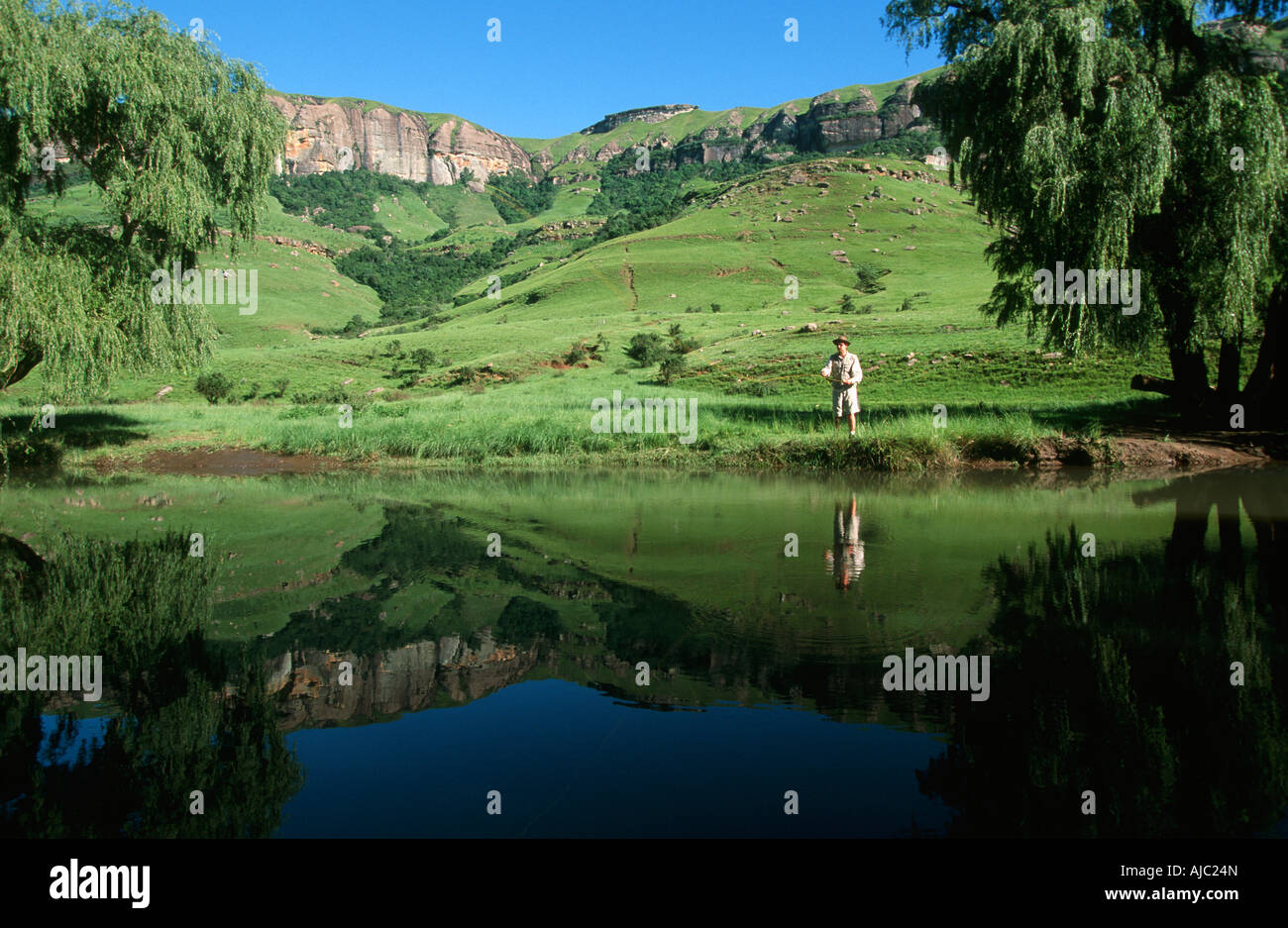 Young Man Trout Fishing Stock Photo