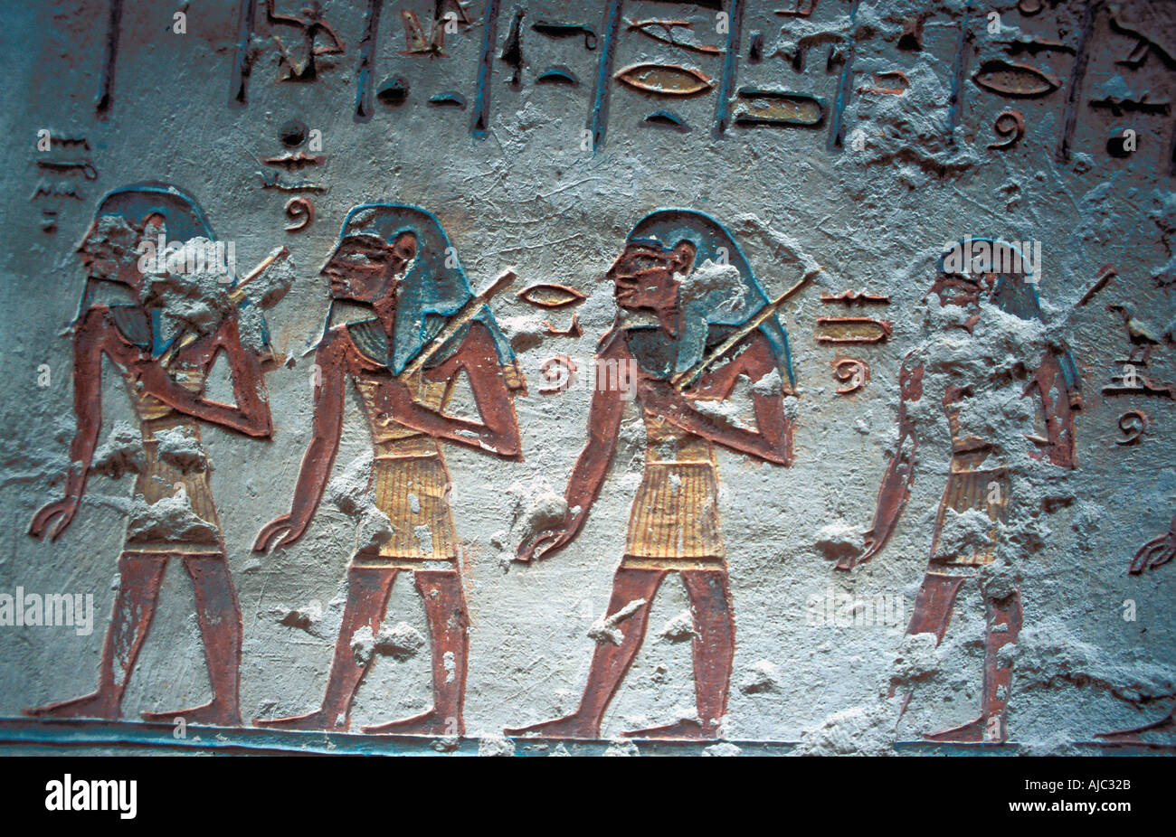 Relief carved and painted Valley of the Kings Tomb of Ramses I Thebes Egypt Opposite bank of the Nile Stock Photo