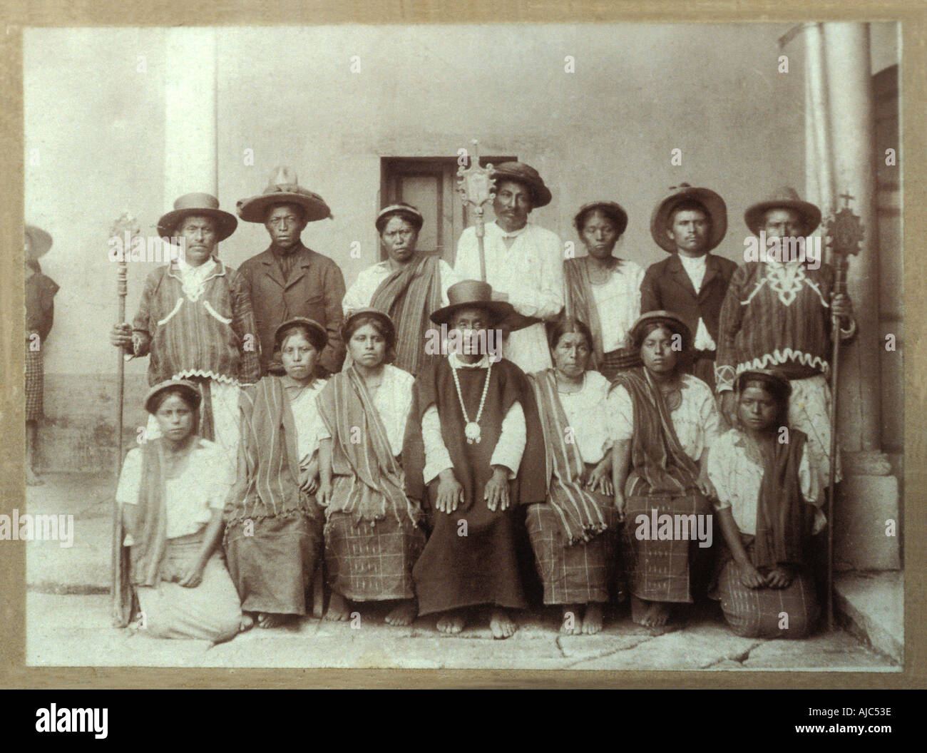 Vintage photo c1910 1915 depicting a group of Tzutujil Maya in traditional costume Santiago Atitlan Guatemala Stock Photo