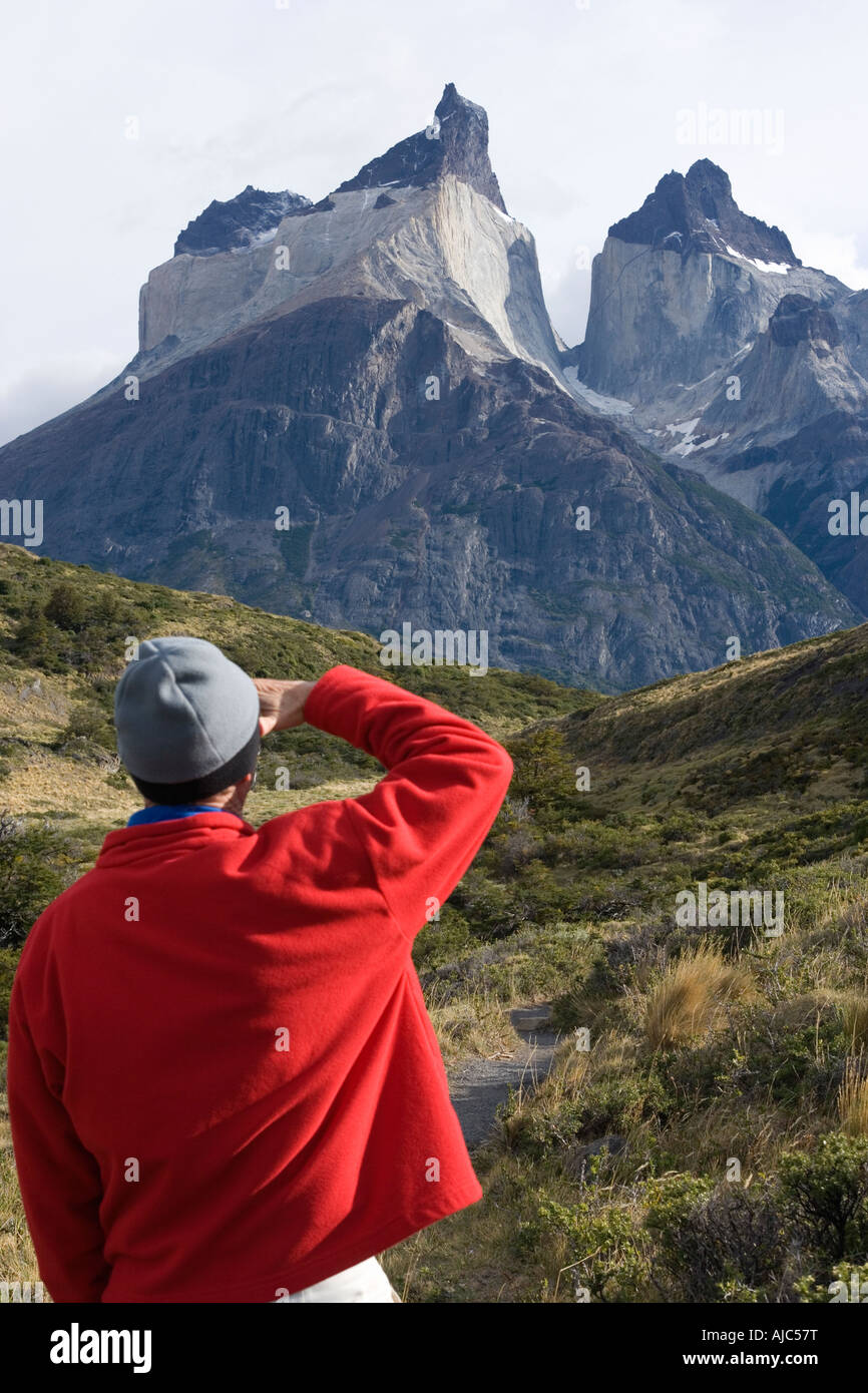 Tourist Enjoying the View of Los Cuernos 'The Horn' Stock Photo