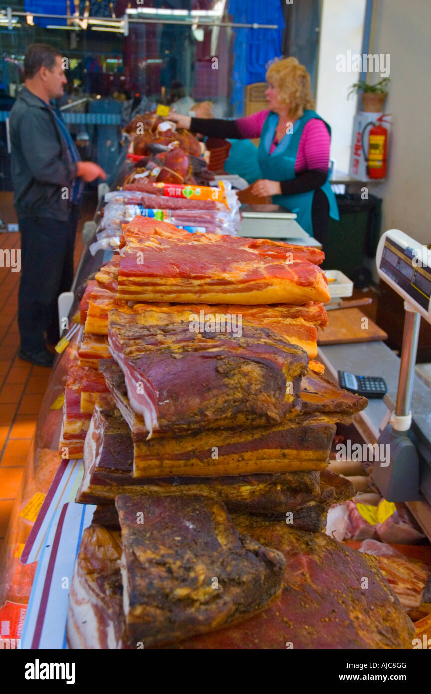 meat indoor market hall stall shopping Vilnius Lithuania Stock Photo