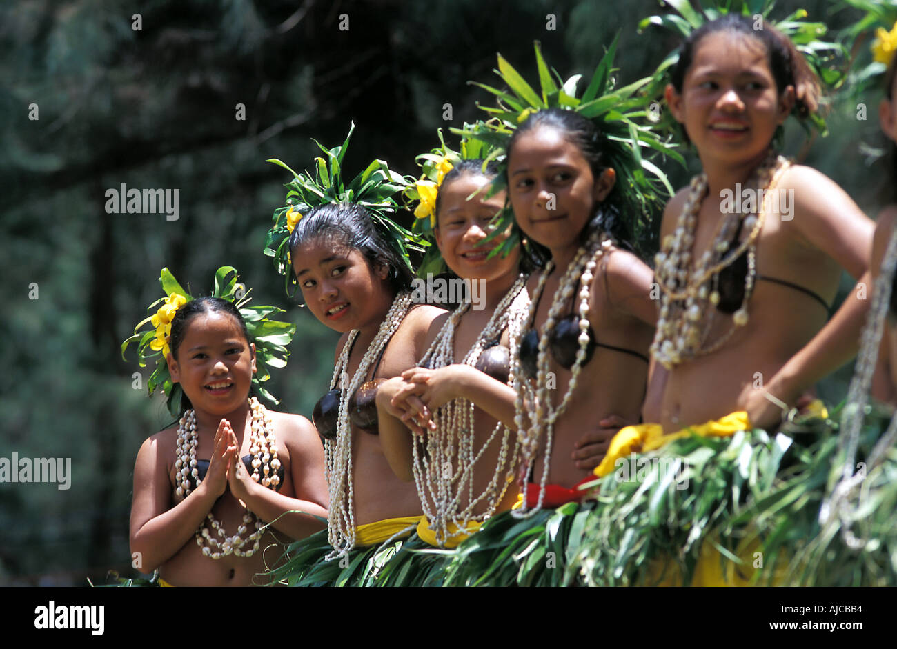 Troupe of Micronesian girls performing a dance at a cultural festival Garapan Saipan Northern Marianas islands Stock Photo