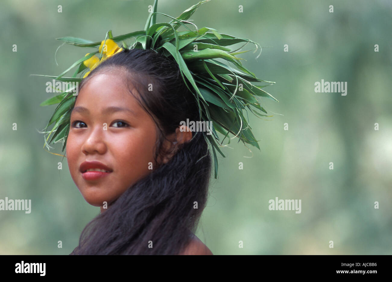 Micronesian girl performing a dance at a cultural festival Garapan Saipan Northern Marianas islands Stock Photo