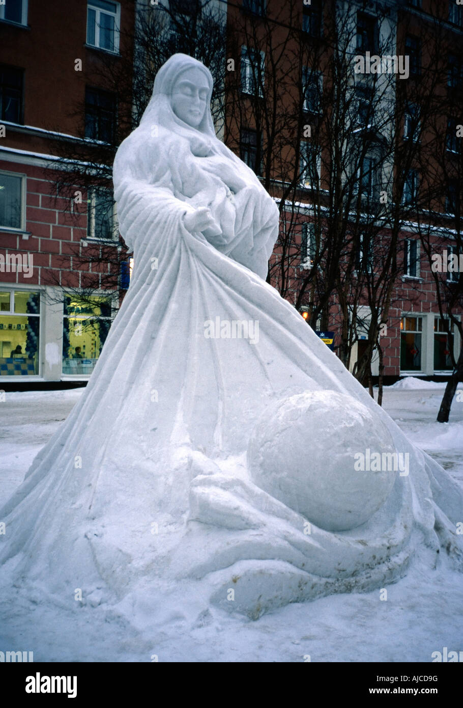 Ice sculpture carved for the International Festival of snow and ice sculptures at Murmansk, Arctic Russia. Stock Photo