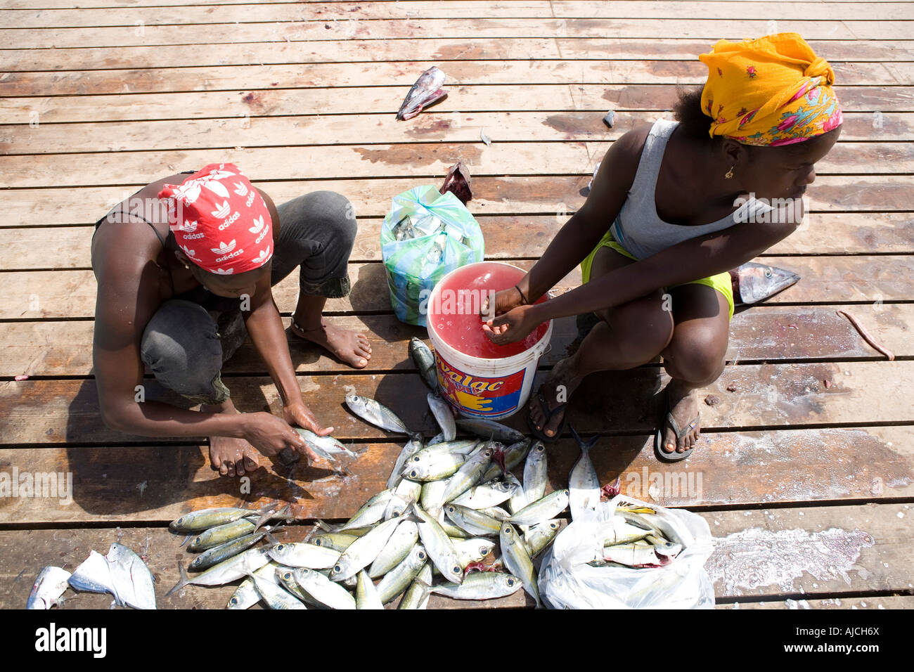 Woman manage fish Santa Maria Sal island Cape Verde Stock Photo